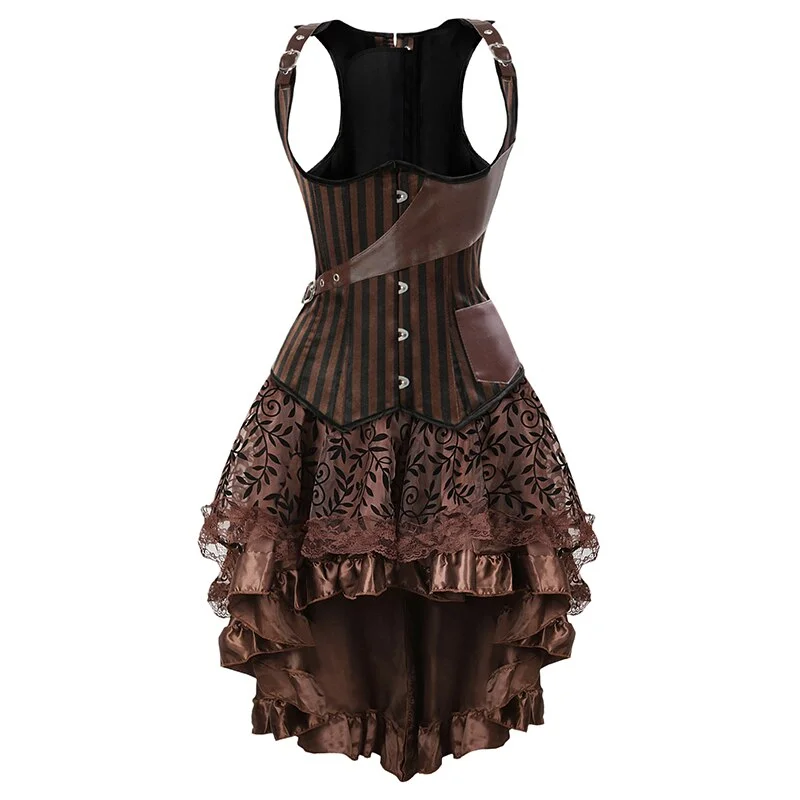 Billionm Corset Dresses for Women Brown Faux Leather Corset Dress Plus Size Cosplay Dress Pirate Costume with Corset Lingerie