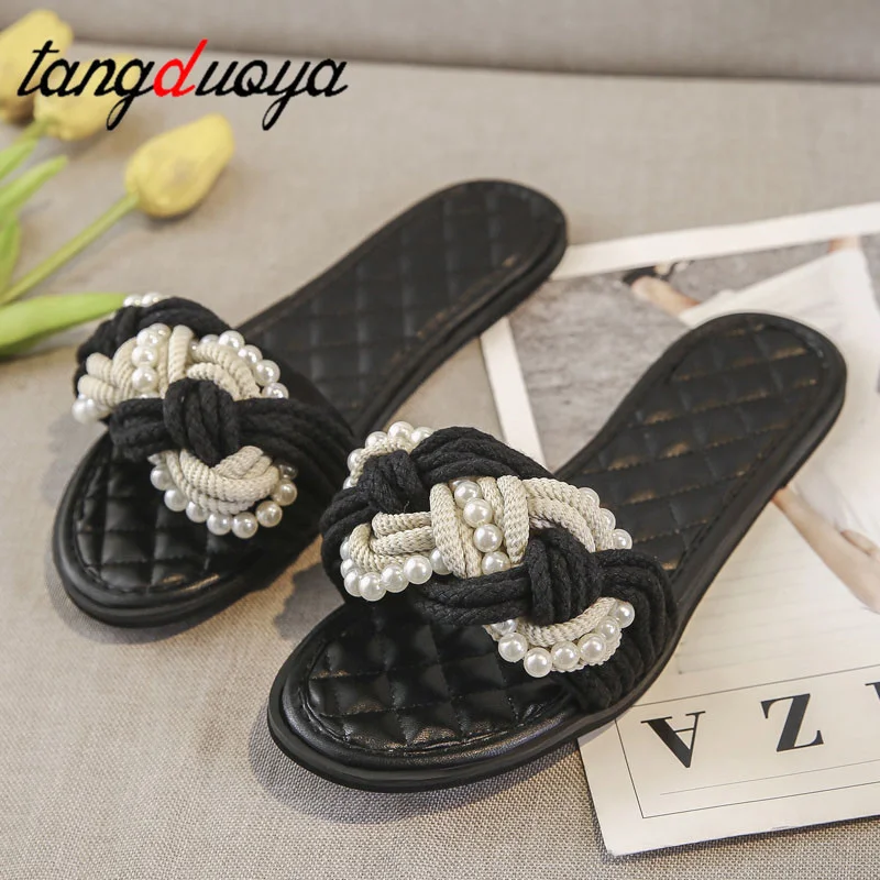 Qengg Striped Ribbon Cork Sandals Flat Non-Slip Flip Flop Home Shoes Casual Straw Beach Slipper Slipper Pearl Weaving Sandals