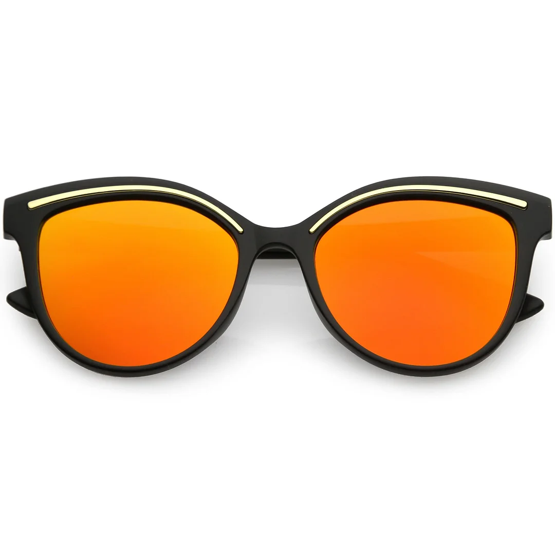 Modern Cat Eye glasses Metal Brow Detail Round Colored Mirror Flat Lens 53mm