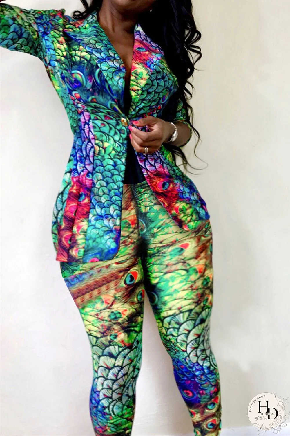 Turquoise Fashion Casual Print Cardigan Pants Turndown Collar Plus Size Two Pieces