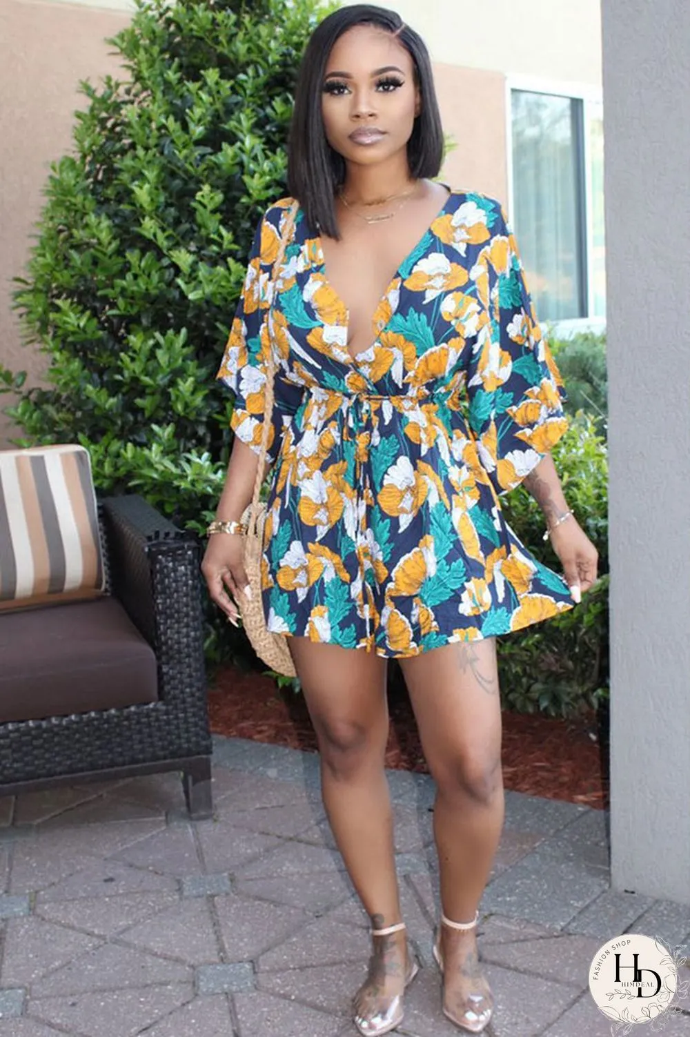 Blue Fashion Casual Floral Print Patchwork bandage Polyester Half Sleeve V Neck Jumpsuits