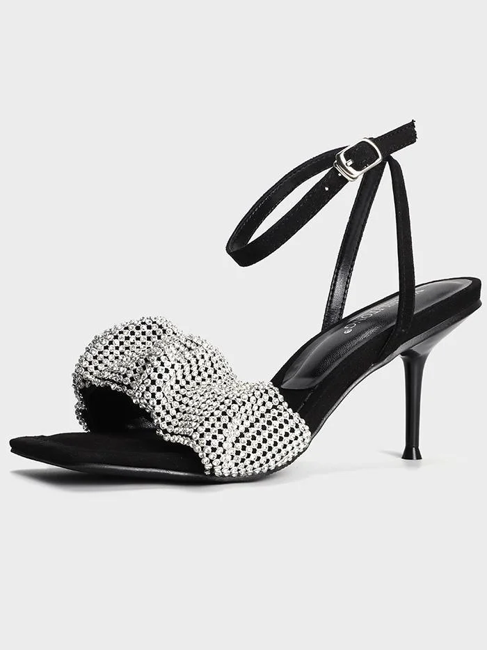 Fashion emotional square toe stiletto sandals with rhinestones