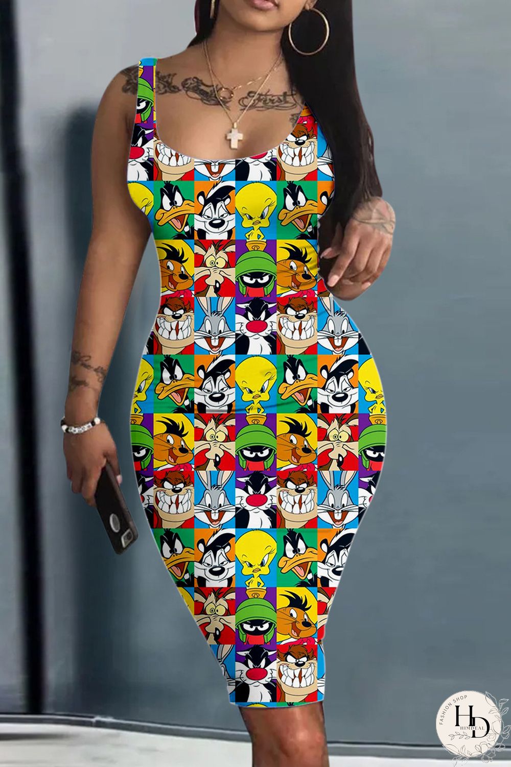 Apricot Sexy Print Basic U Neck Vest Dress Dresses