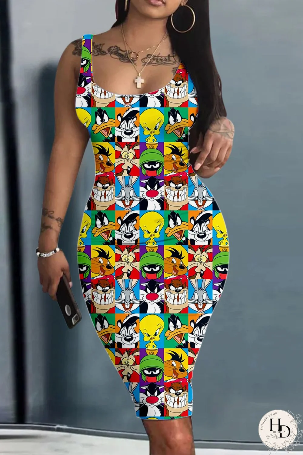 Apricot Sexy Print Basic U Neck Vest Dress Dresses