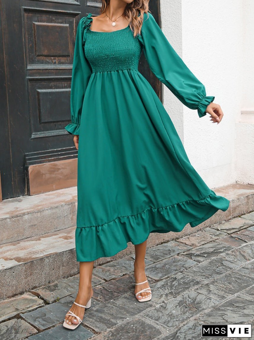Casual Square Neck Long Sleeve Ruffle Dress