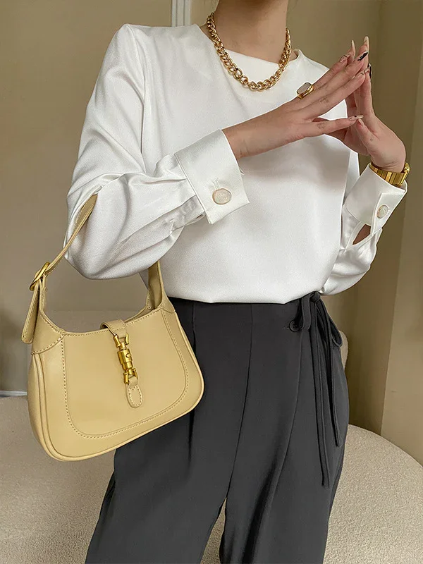 Casual Long Sleeves Loose Solid Color Round-Neck Blouses&Shirts Tops