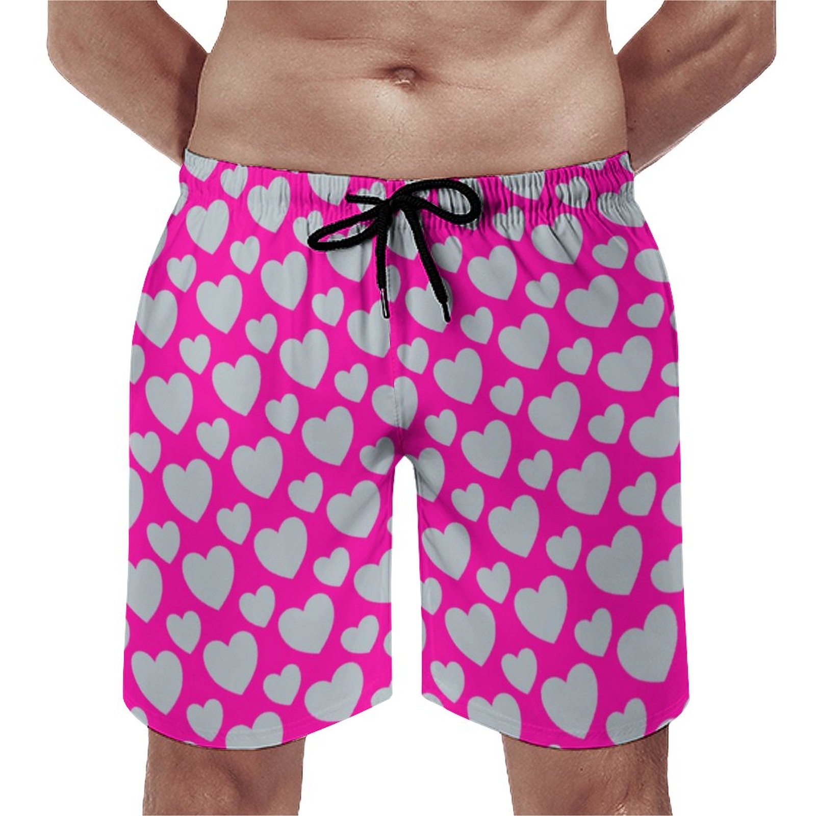 Valentine Classic Hearts Grey Hot Pink Elegant Men's Swim Trunks Summer Board Shorts Quick Dry Beach Short with Pockets