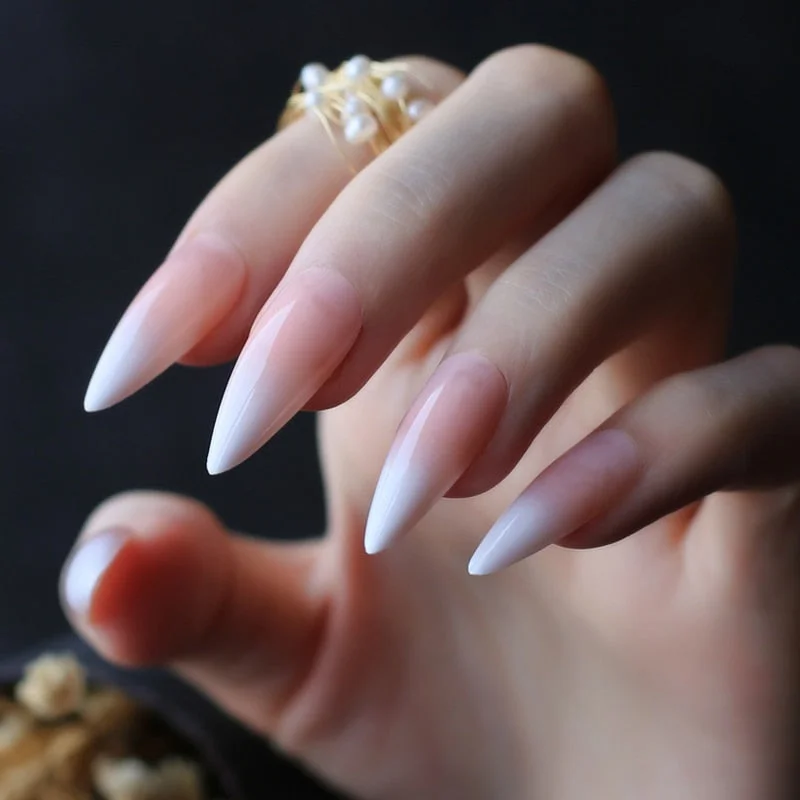 Long stiletto nails white tip nude french fasle nails sheer white pink almond fake nail 24pcs-Nail Inspo