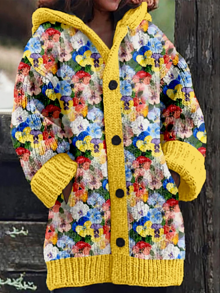 Utbros Pansies Watercolor Art Pattern Cozy Cardigan