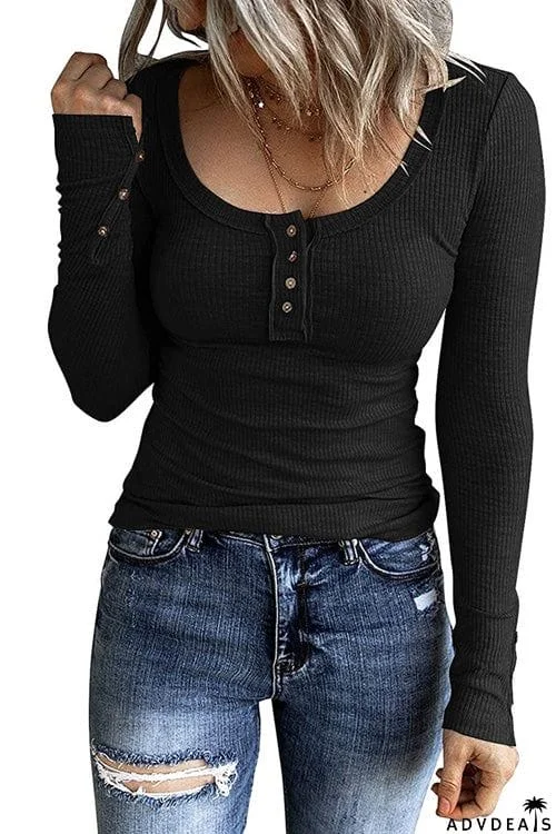 Fashion Casual Solid V Neck Long Sleeve Buttons Slim Top