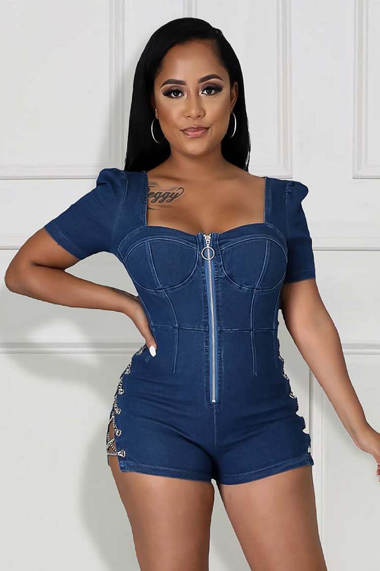 Irregular Neck Juliet Sleeve Zipper Side Lace Up Denim Playsuit Romper-Blue
