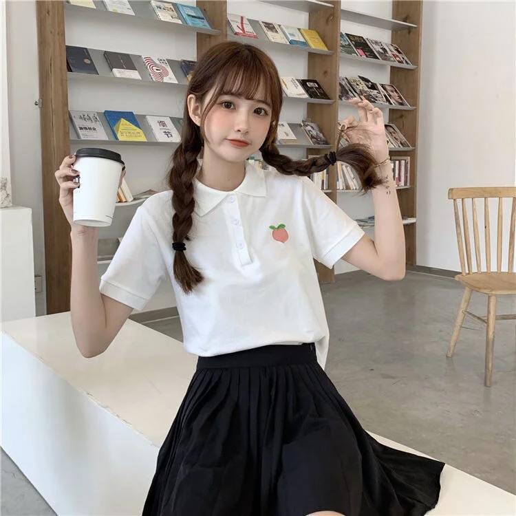 Cute Summer Korean Solid Polo Shirt Harajuku Japan Casual Embroidery T Shirt Hip Hop Punk Loose Student Shirt Funny Tops Girl