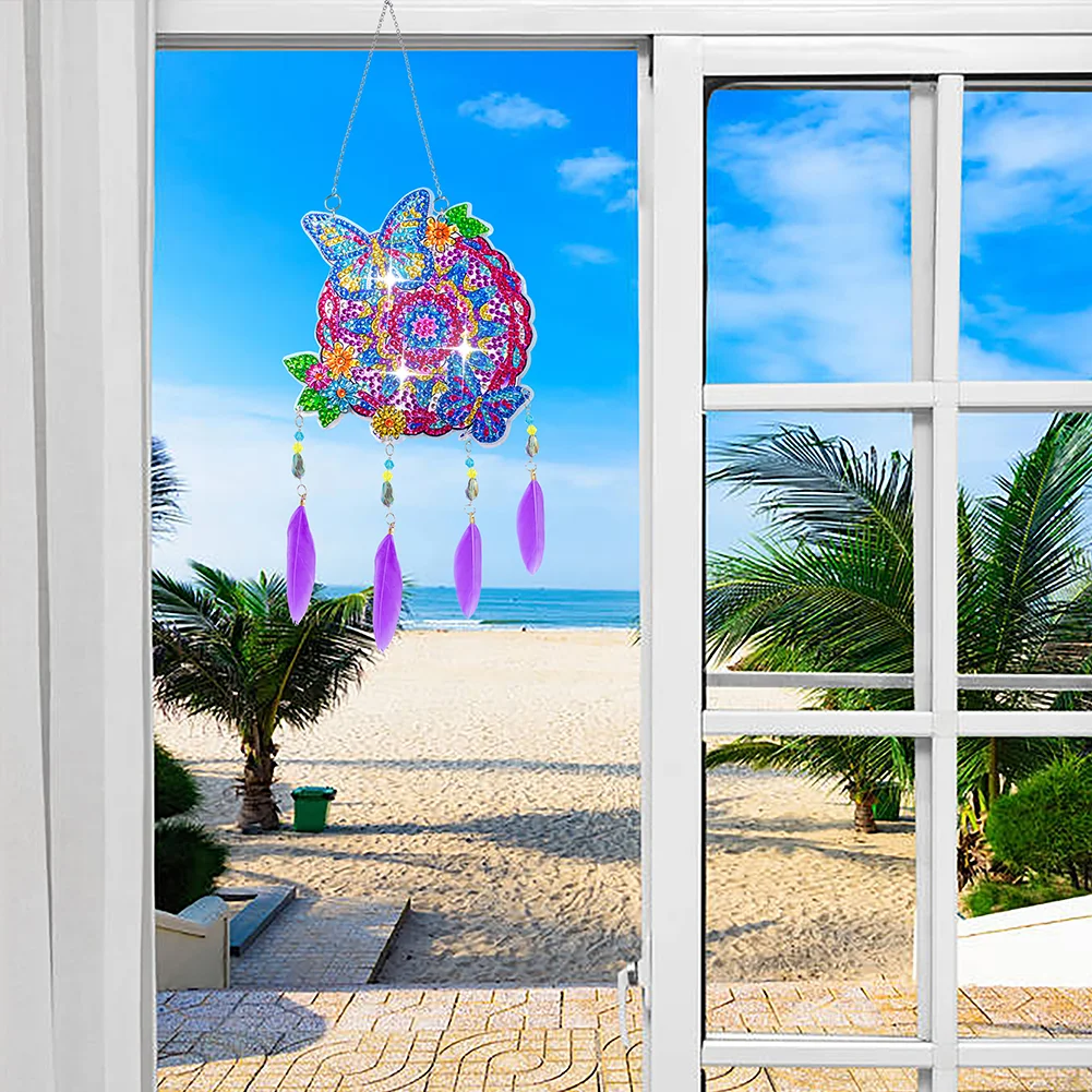DIY Butterfly Double Sided Diamond Painting Hanging Pendant Feather Wind Chime
