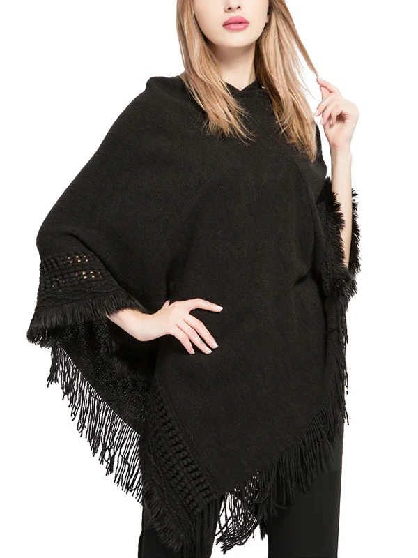 Women's tassel large size knitted cape cape with hat