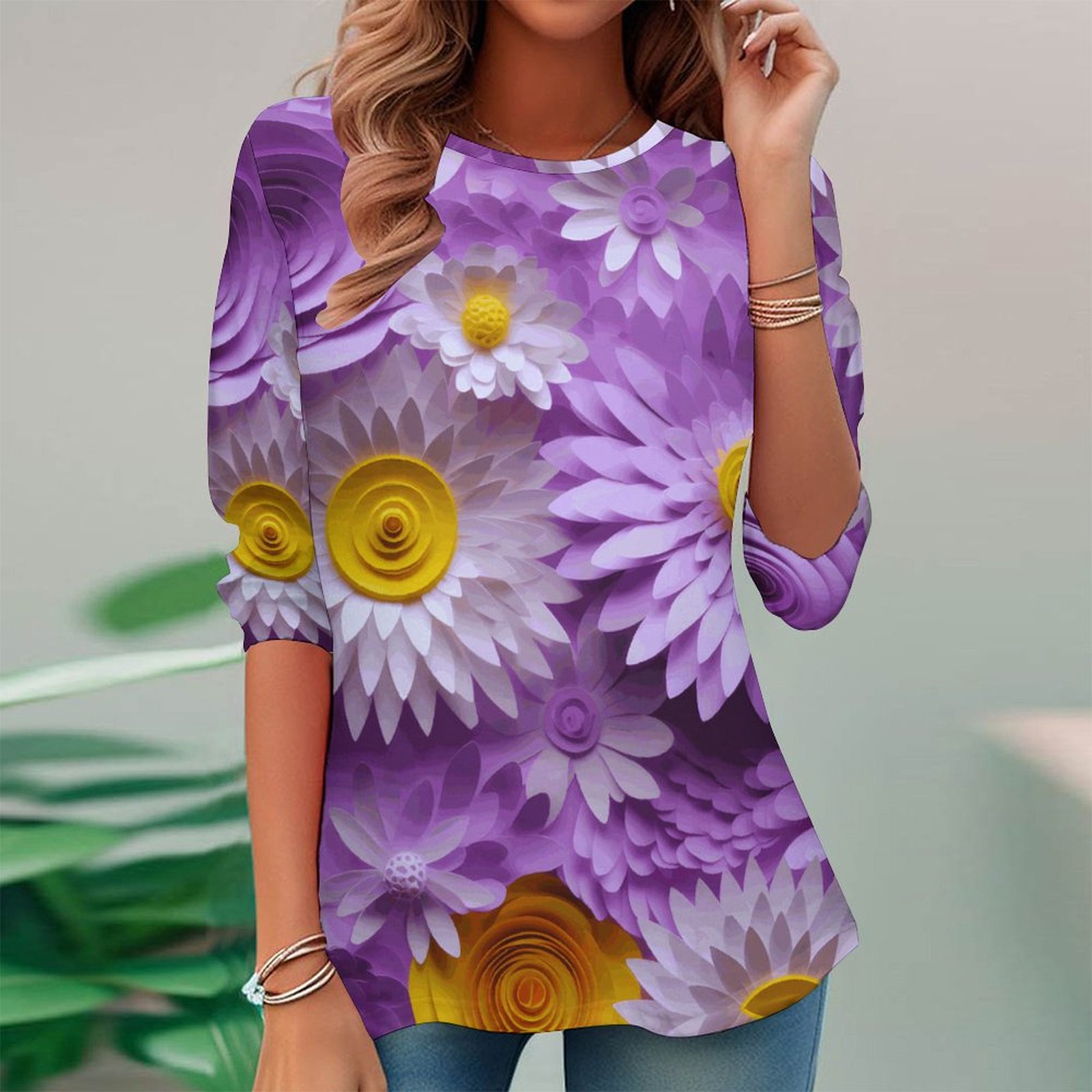 Women Long Sleeve V-neck Graphic Floral Printed Top