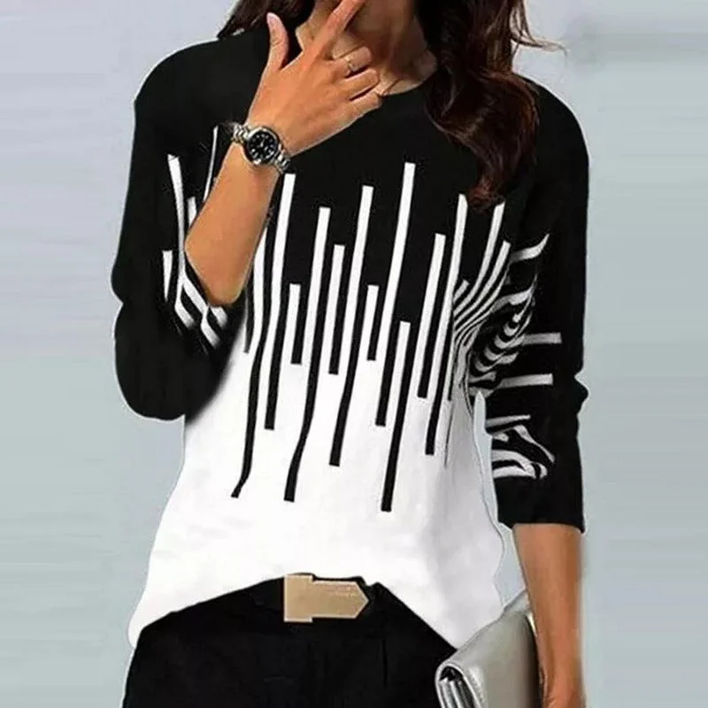 Uveng Loose Color Printed Round Neck Long Sleeve T-shirt