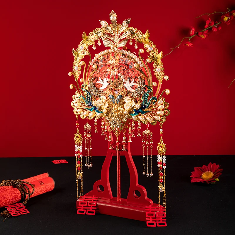 Chinese Style Bride Married Pearl Tassel Handmade Double-sided Wedding Fan