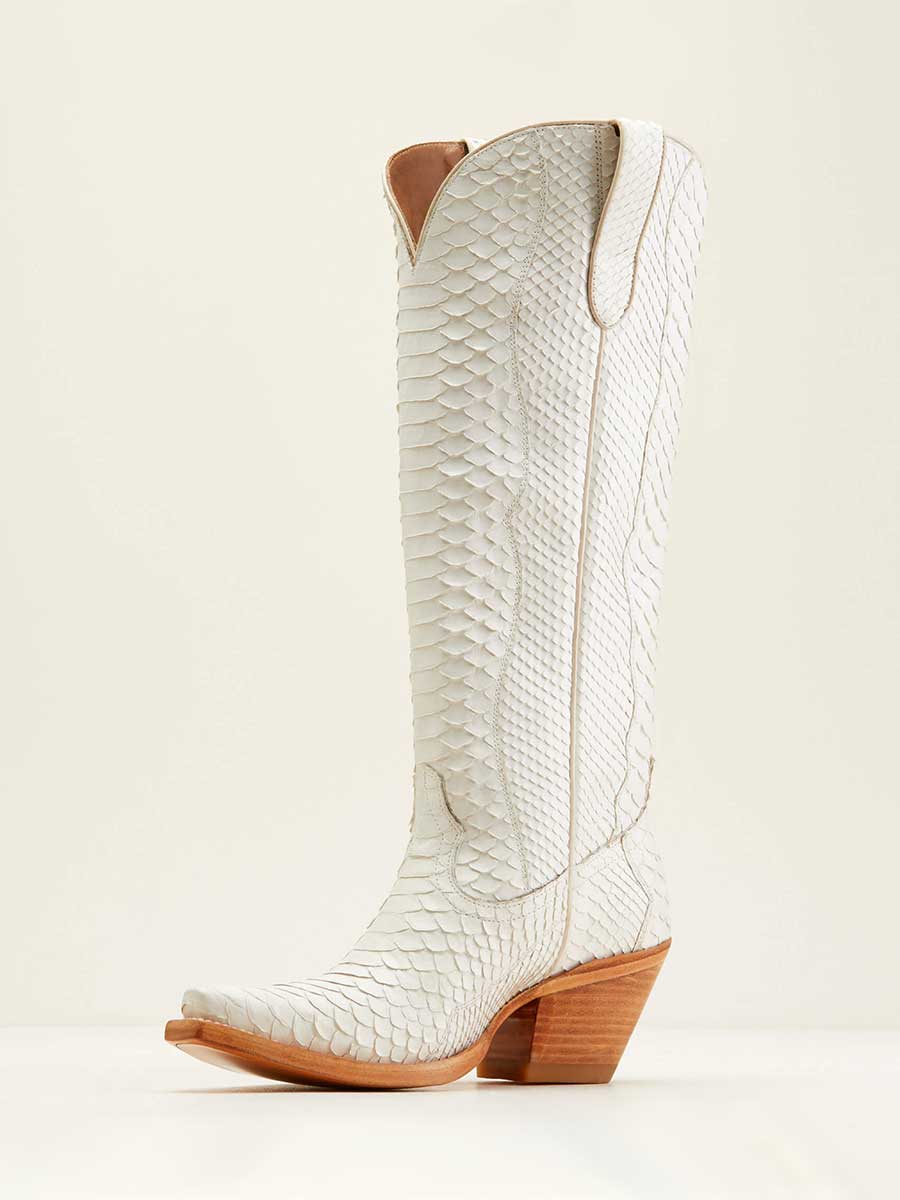 White Snip Toe Snake Embossed Heeled Wide Calf Knee High Cowgirl Boots