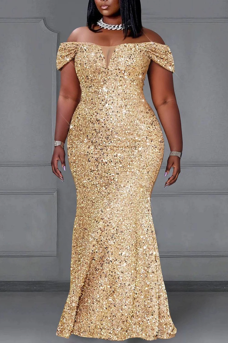Xpluswear Design Plus Size Prom Gold Elegant Off The Shoulder Sequin Maxi Dresses [Pre-Order] 2024 - Xpluswear