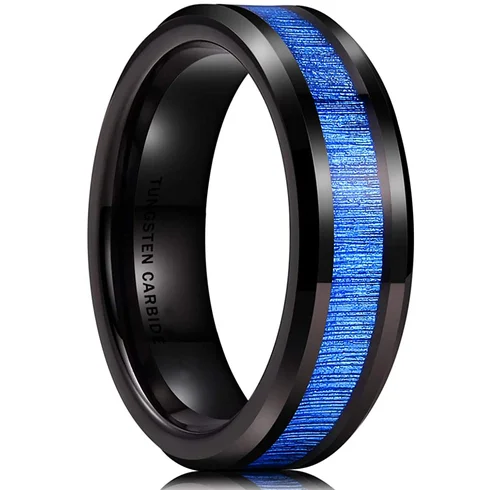 6MM 8MM Women Men Tungsten Matching Black Rings With Blue Gold Wood Inlay High Polish