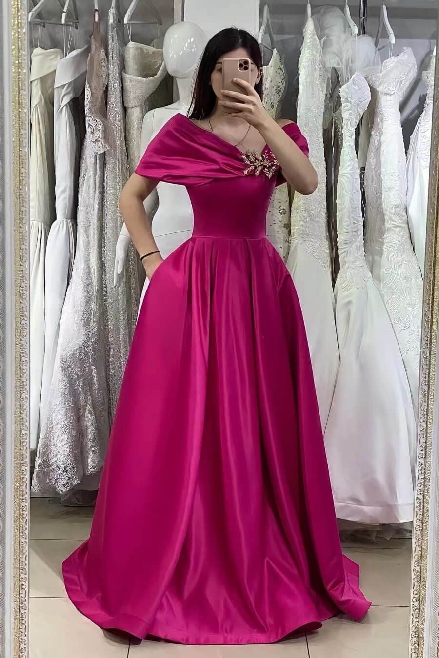 Fuchsia Gorgeous Off-The-Shoulder Mermaid A-Line Prom Dress With Beadings Online | Ballbellas Ballbellas