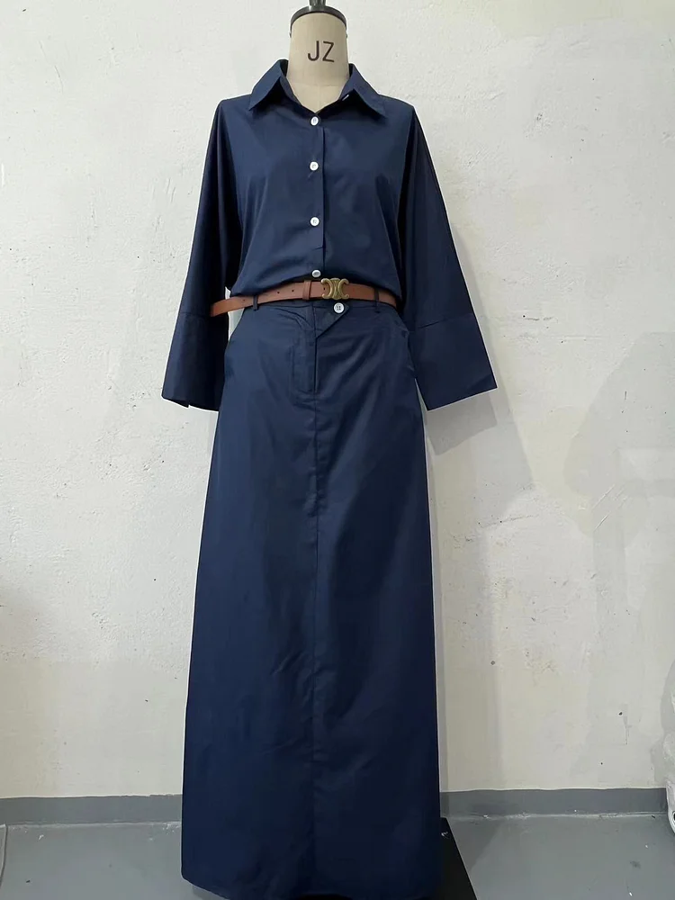 Casual Polo Collar Loose Top Maxi Skirt Suit