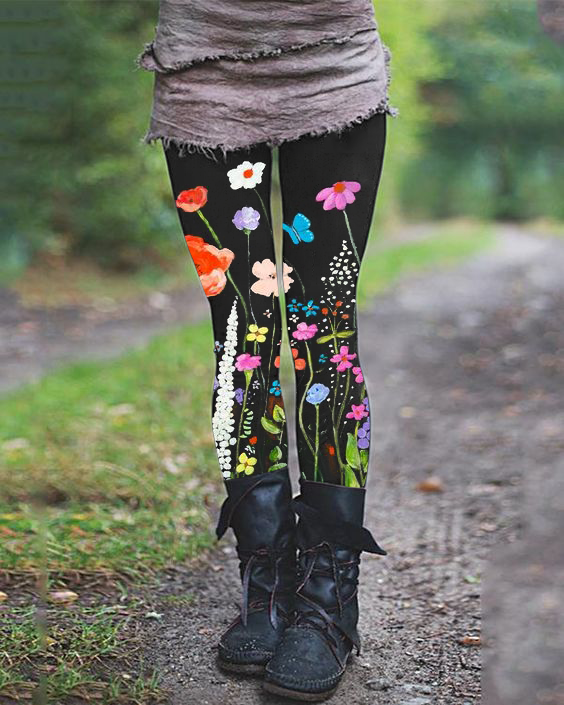 Casual floral print stretch pants