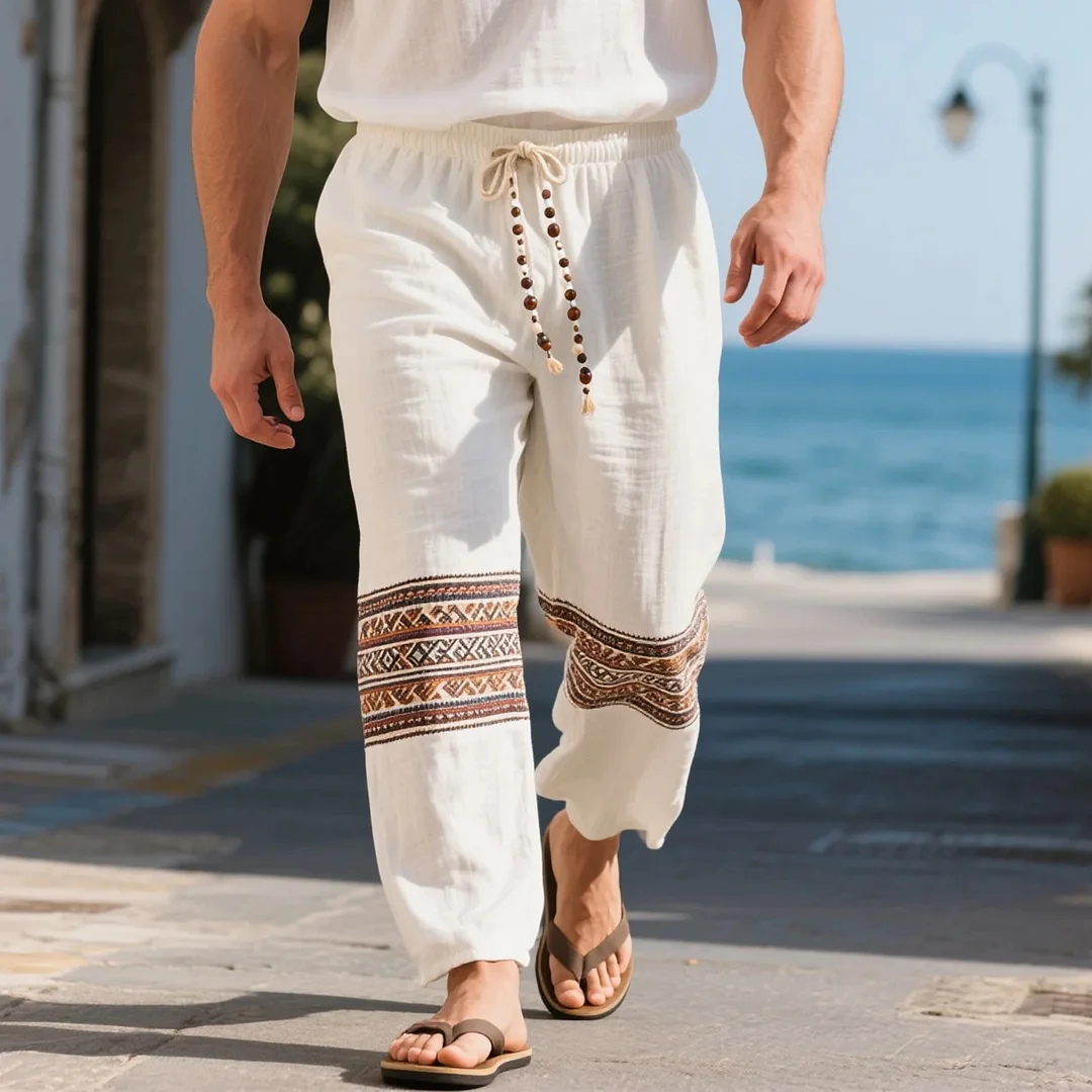  Bohemian Embroidered Drawstring Pants for Men - Perfect for Summer Beach Walks