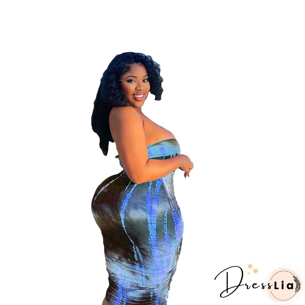 Summer Tie Dye Plus Size Fashion Clubwear Strapless Crop Top Maxi Skirts Women Sexy Two Piece Set