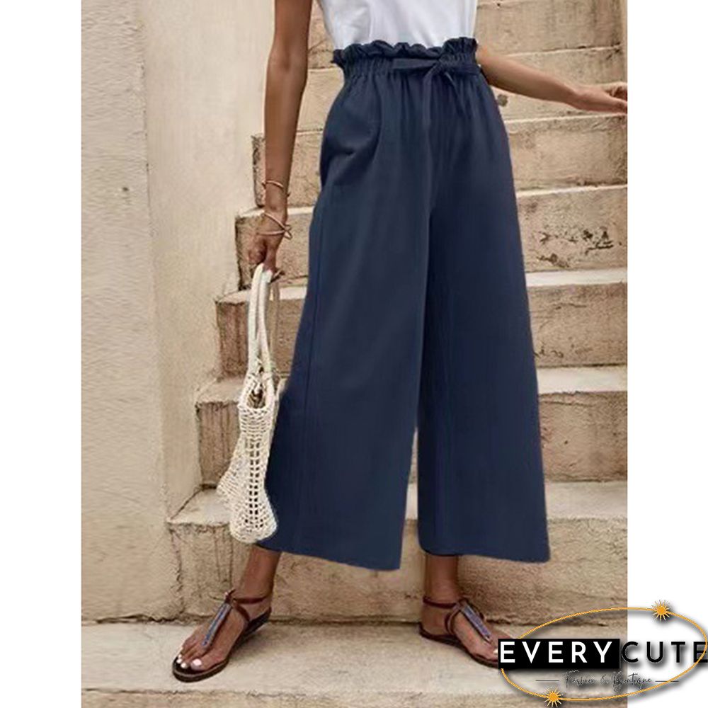 Navy Blue Ruffle Tie Waist Wide Leg Cropped Pants