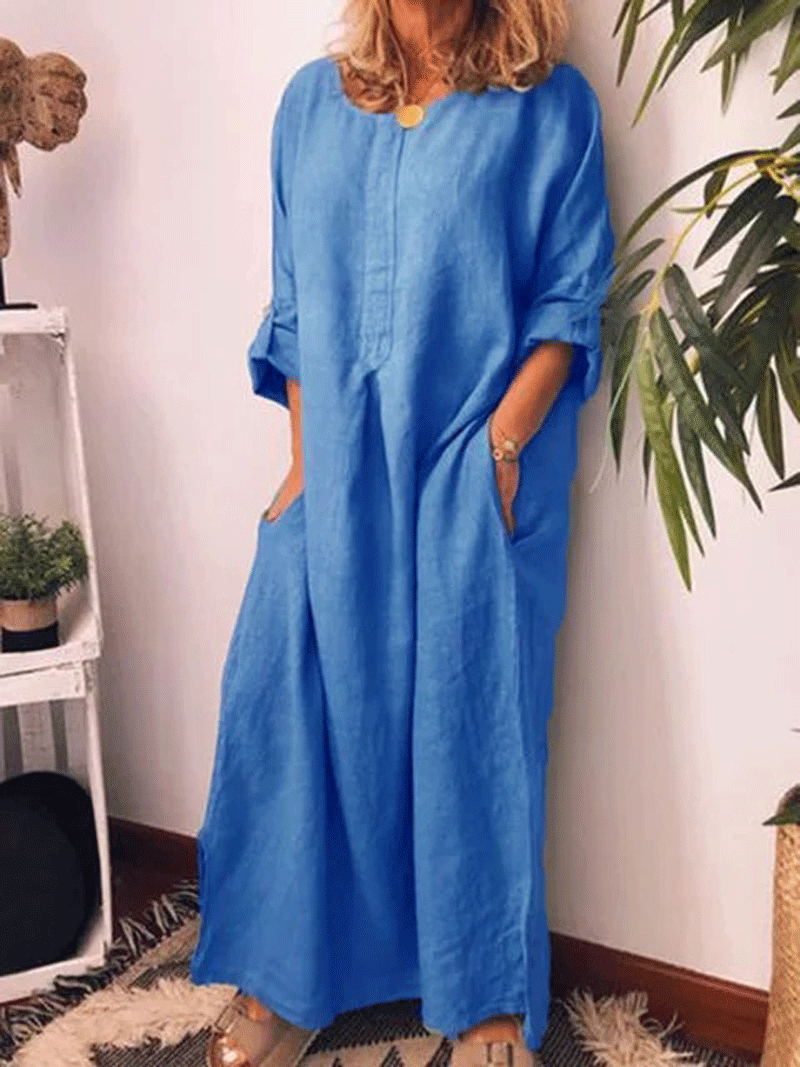 Cotton And Linen Solid Color Loose Kaftan Maxidress