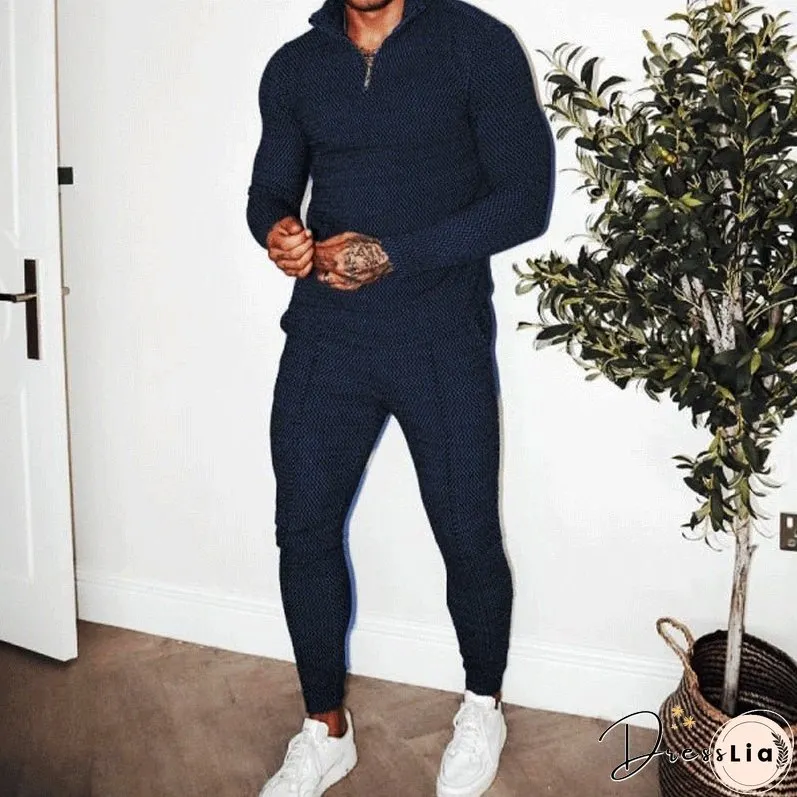 Men's Activewear Casual Half Zip Stand Collar Long Sleeve Pullover T-Shirt and Pant Set Men's Streetwear Solid Color 2 Piece Set