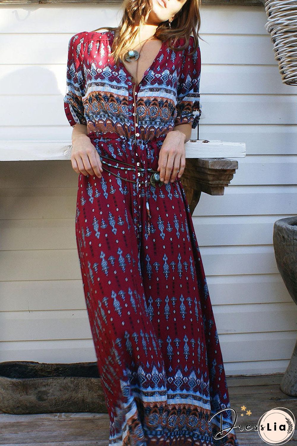 Fashion Street Print Split Joint V Neck Printed Dresses(4 Colors)