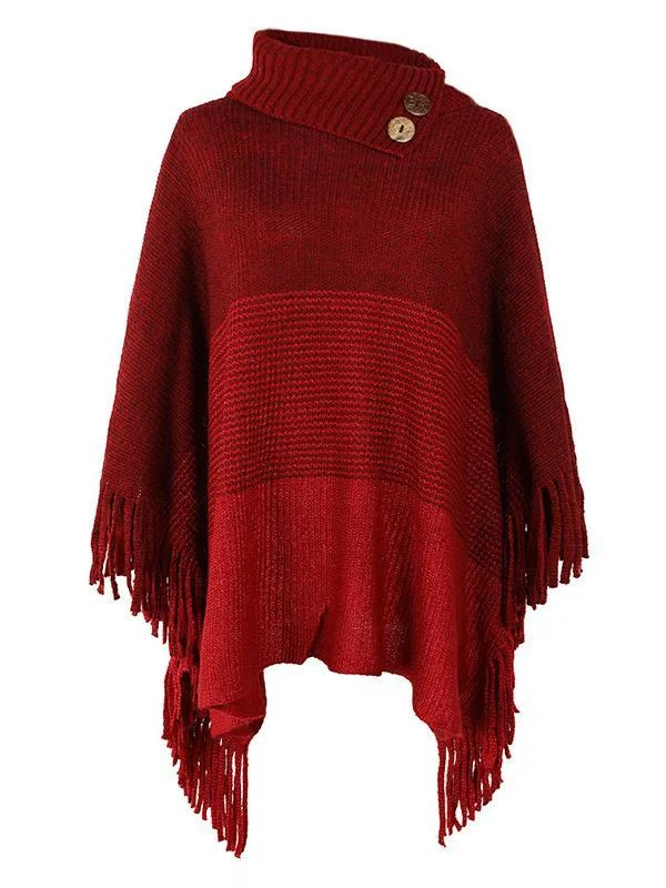 Women's Scoop Neck 3/4 Sleeve Knit Shawl Fringed Hem Colorblock Sweater Top