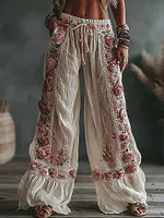 Women's Spring Roses Embroidered Art Print Flowy Linen Blend Casual Pants