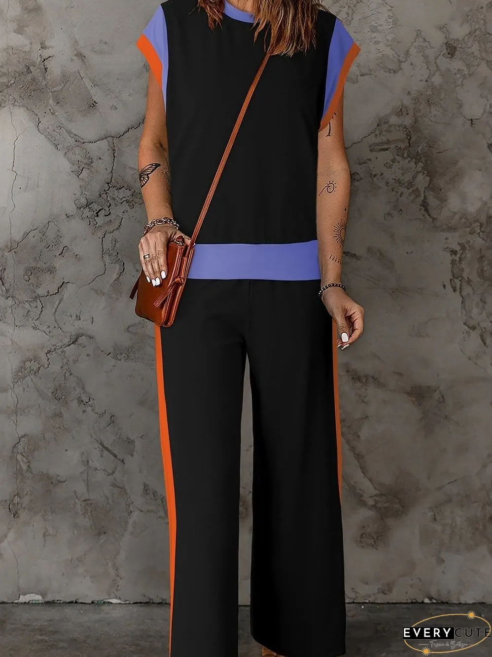 Chic Black Color Block Two-Piece Set