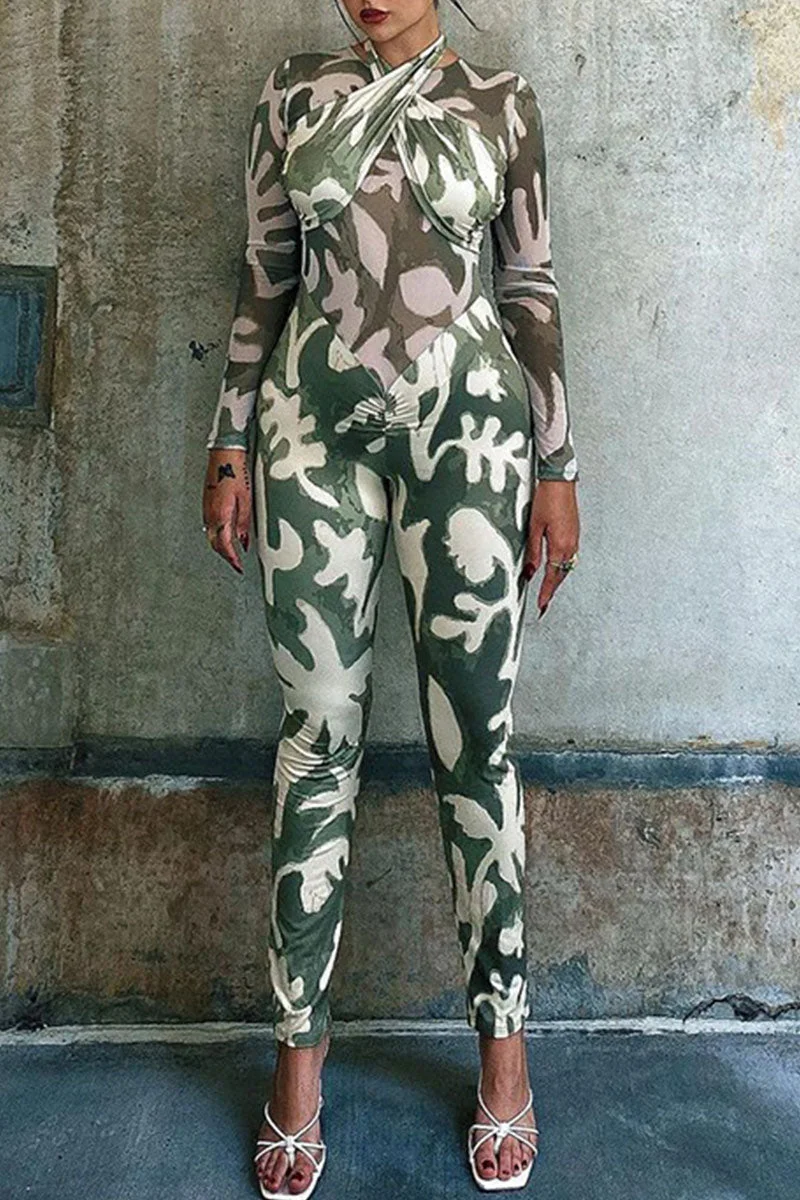Sexy Print Split Joint O Neck Regular Jumpsuits