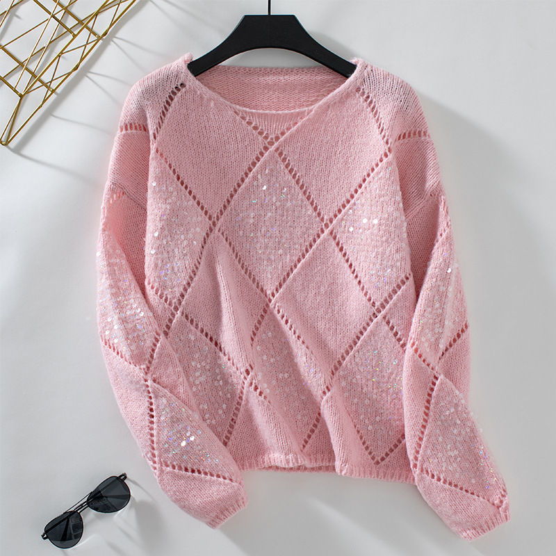 New In Hollow Out Sequin Knitted Sweater For Women Autumn Winter Korean Style Fashion Knitted Pullover Loose Casual Knitwear
