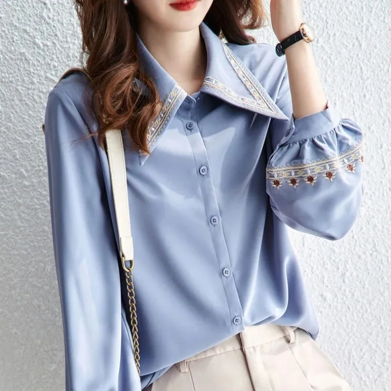 Jangj Spring Summer New Embroidered Pointed Collar Long-sleeved Shirt Korean Fashion Loos Blouse for Female Women's Casual Shirts