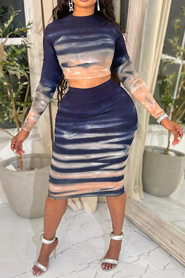 Gradient Abstract Print Simple Bodycon Dress Suit