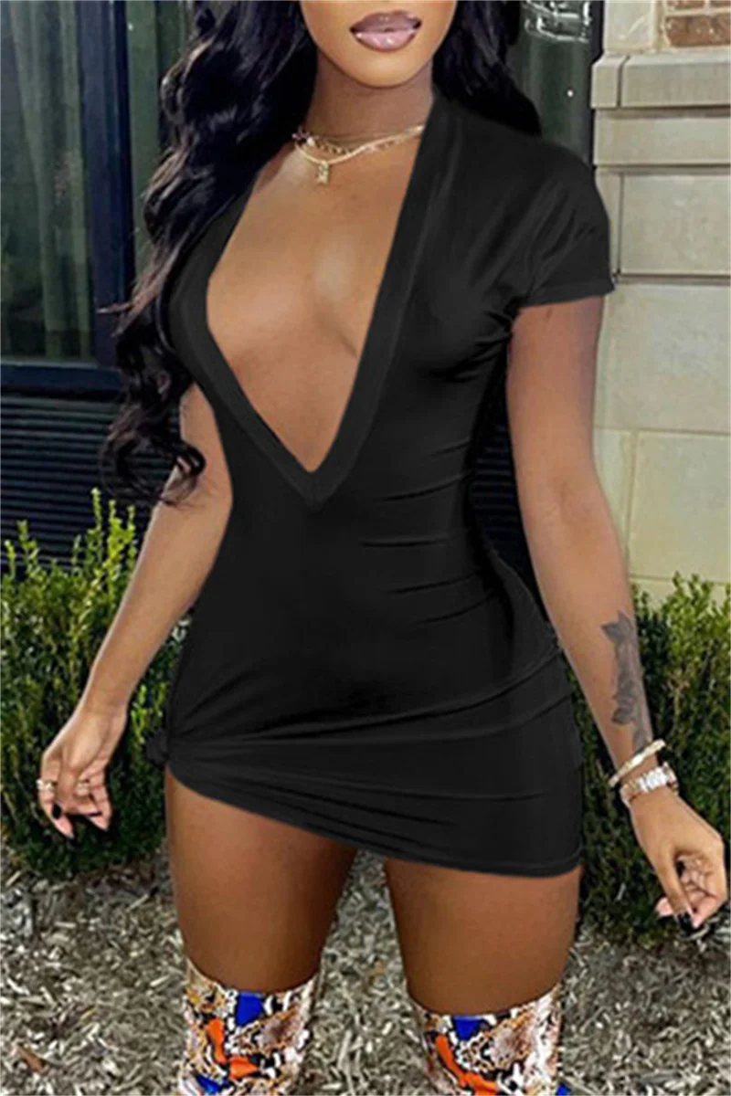 Black Sexy Casual Solid Basic V Neck Short Sleeve Dress Dresses