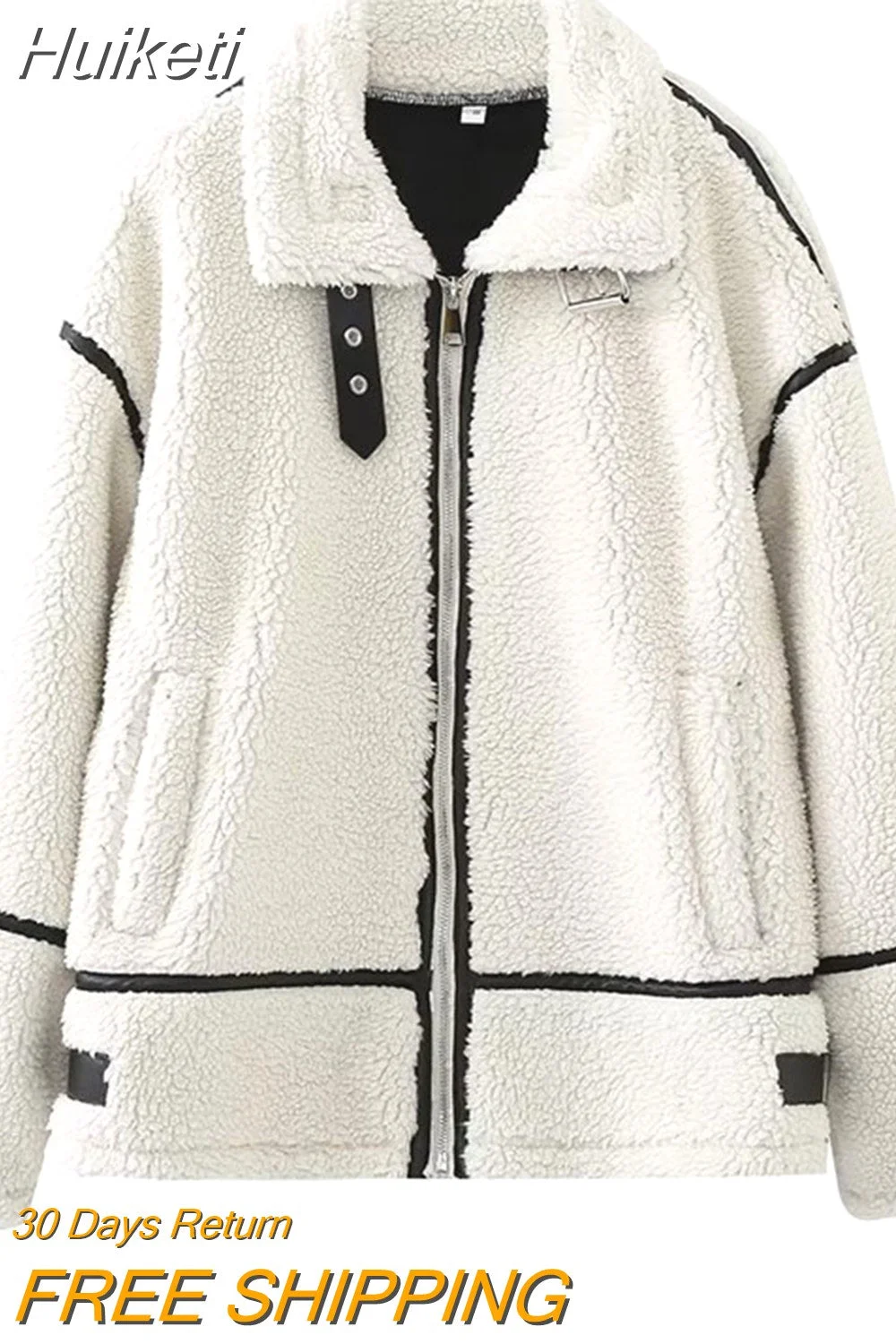 Huiketi Woman's Fashion Winter Chic Jacket White Turn-Down Collar Long Sleeve Pockets Zipper Female Streetwear Roupa Coats Jaqueta