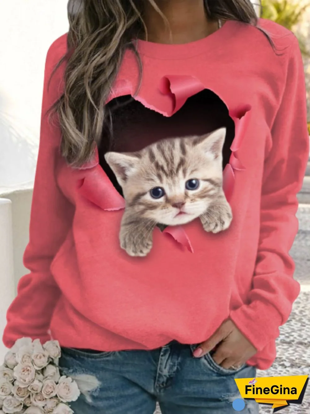 Women Sports Autumn Cat Loose Jersey Crew Neck Regular H-Line Regular Sweatshirts