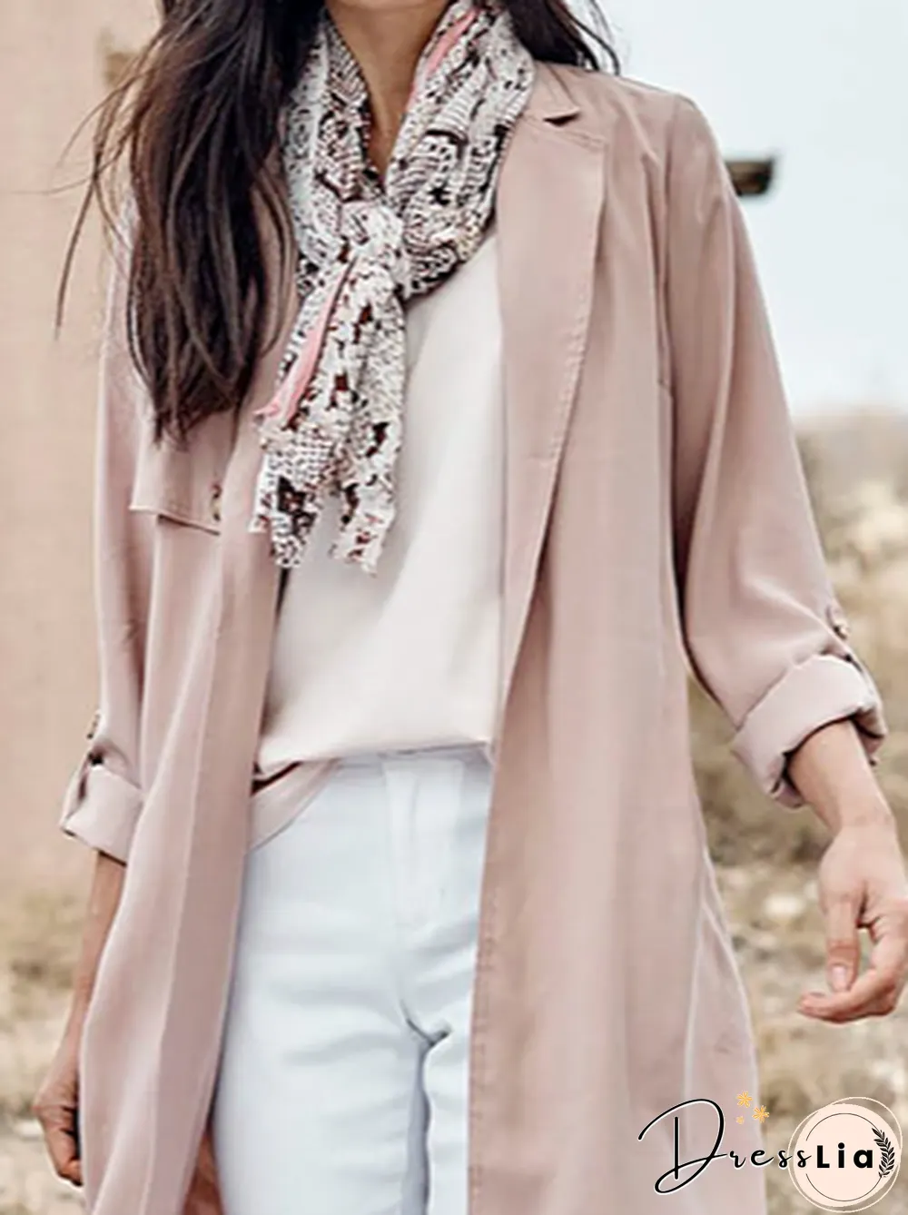 Women Casual Plain Autumn Polyester Micro-Elasticity Standard Lapel Collar Mid-long H-Line