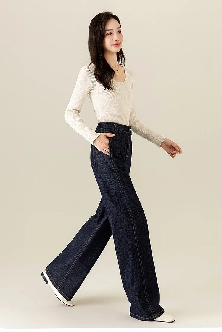 Straight Leg Denim Pants for Women Deep Blue with Pocket Design