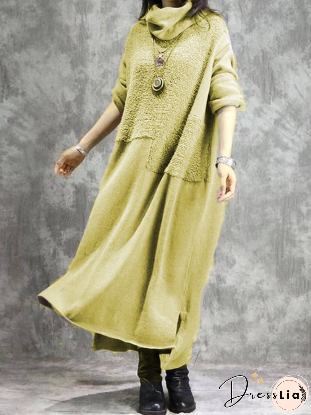 Cotton Plain Casual Turtleneck Knitting Dress