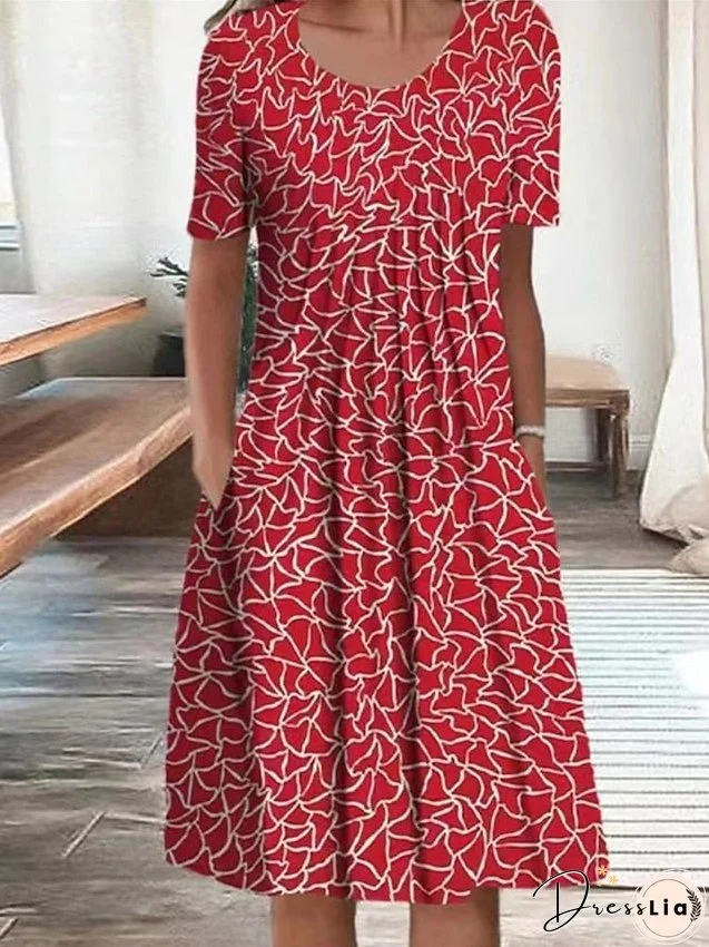 Casual Dress Summer Dress Print Dress Geometric Ruched Print Crew Neck Midi Dress Fashion Modern Outdoor Daily Short Sleeve Loose Fit Red Blue Spring Summer S M L XL XXL for Women