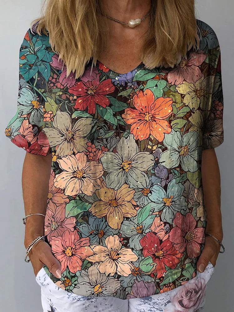 Colorful Summer Floral Pattern Printed Women's Casual Cotton And Linen Shirt