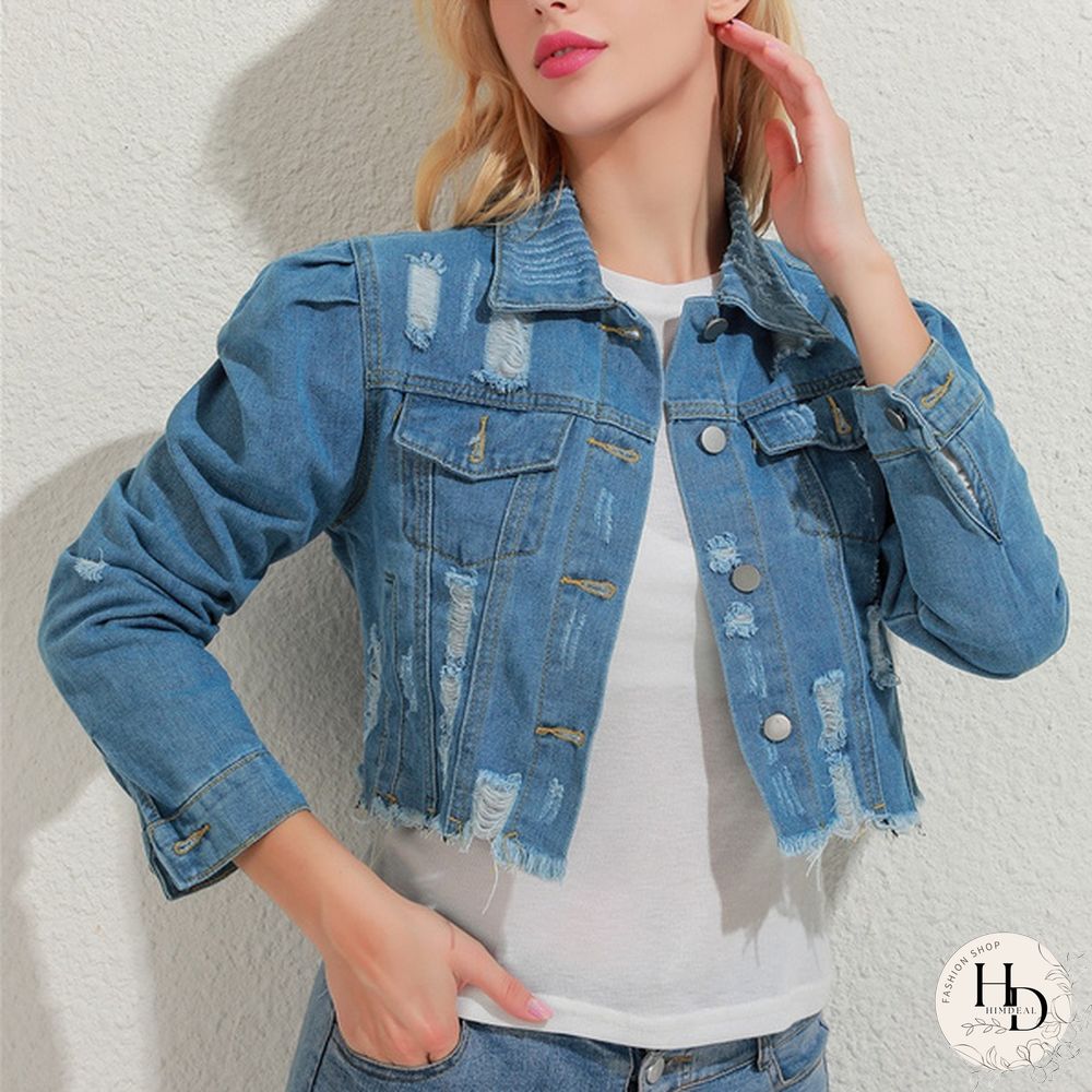 Women's Fashion Short Denim Jacket Puff Sleeve Denim Jacket