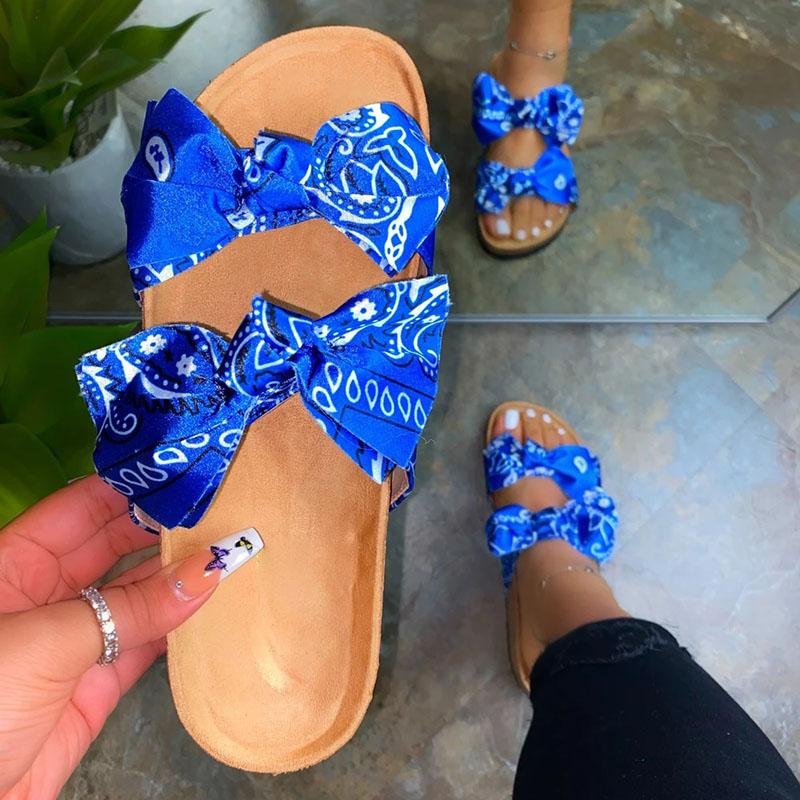 double bow satin cork slippers